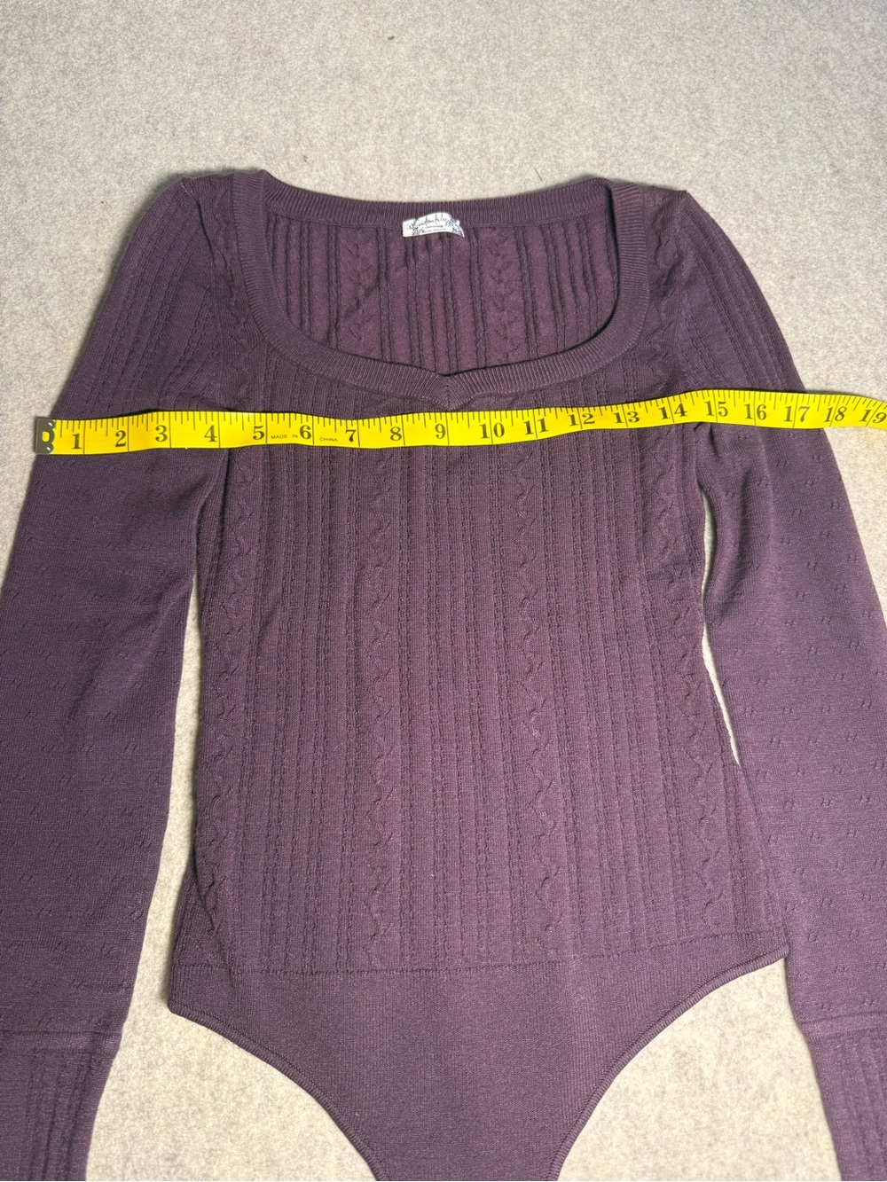 Free People Plum Cable Knit Long-Sleeve Bodysuit with Pink Embroidered Cuffs - Picture 5 of 7